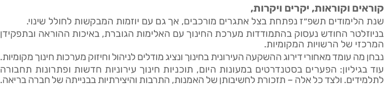 שנת הלימודים תשפ"ז נפתחת בצל אתגרים מורכבים, אך גם עם יוזמות המבקשות לחולל שינוי. בניוזלטר החודש נעסוק בהתמודדות מערכת החינוך עם האלימות הגוברת, באיכות ההוראה ובתפקידן המרכזי של הרשויות המקומיות. נבחן מה עומד מאחורי דירוג ההשקעה העירונית בחינוך ונציג מודלים לניהול וחיזוק מערכות חינוך מקומיות. עוד בגיליון: הפערים בסטנדרטים במעונות היום, תוכניות חינוך עירוניות חדשות ופתרונות תחבורה לתלמידים. ולצד כל אלה – תזכורת לחשיבותן של האמנות, התרבות והיצירתיות בבנייתה של חברה בריאה.