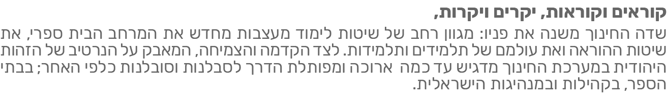 קוראים וקוראות, יקרים ויקרות, שדה החינוך משנה את פניו: מגוון רחב של שיטות לימוד מעצבות מחדש את המרחב הבית ספרי, את שיטות ההוראה ואת עולמם של תלמידים ותלמידות. לצד הקדמה והצמיחה, המאבק על הכתיב של חזות היהודית במערכת החינוך מדגיש עד כמה ארוכה ומפותלת הדרך להסכמות וסובלנות כלפי האחר; בבתי הספר, בקהילות ובמנהיגות הישראלית.